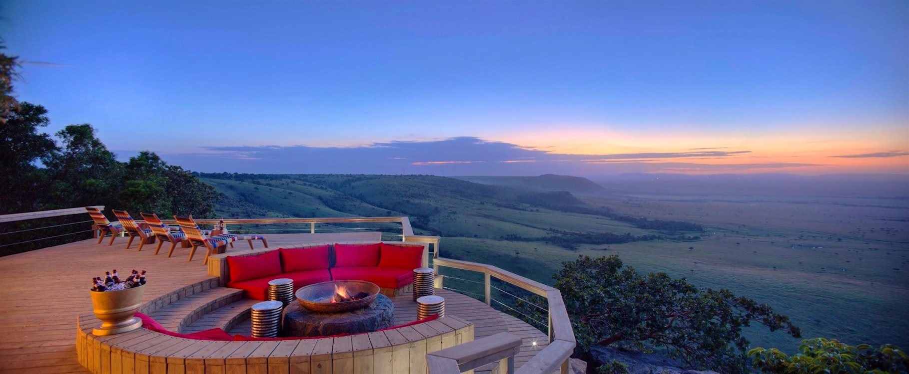 Lounge Area with Sunset at Angama Mara, Masai Mara, Kenya, Africa 