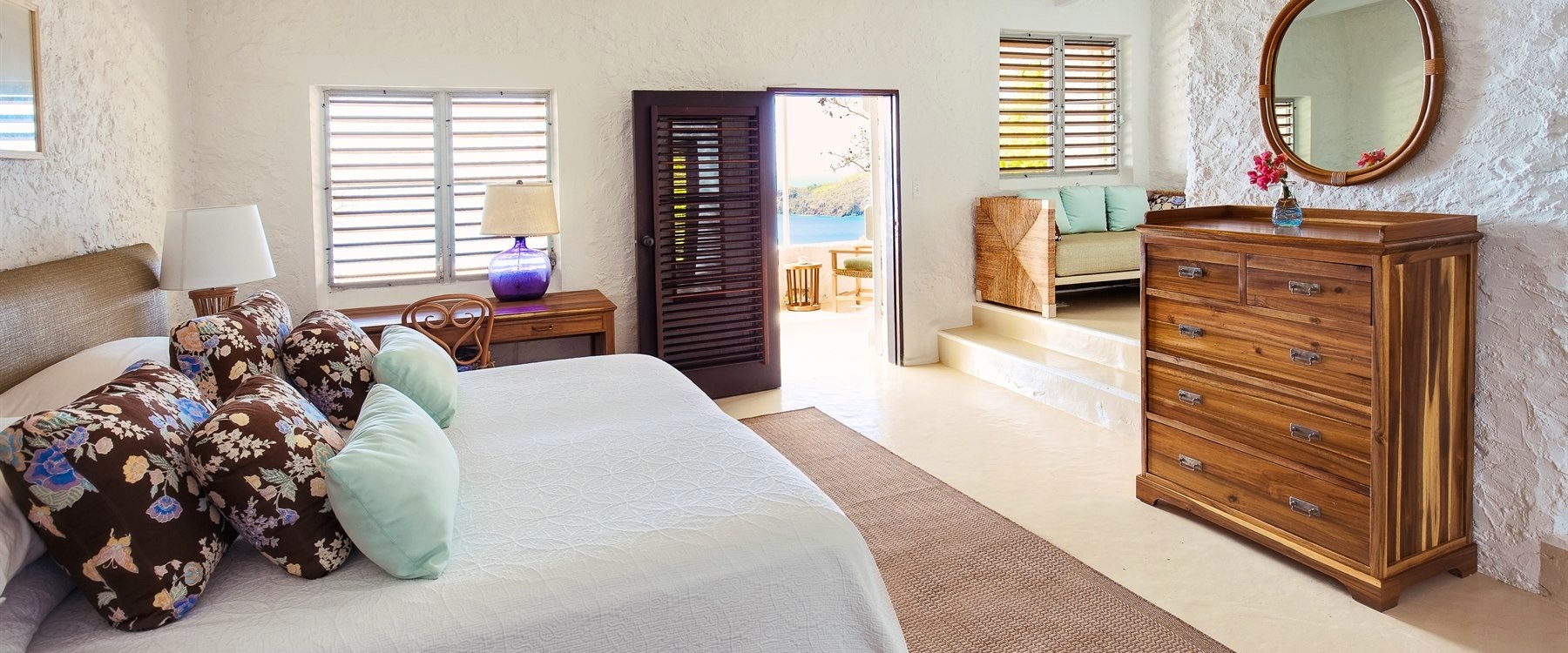 Sea view bedroom at Tennis courts at Guana Island, British Virgin Islands