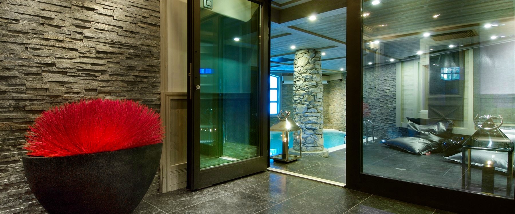 Entrance to swimming pool at the Black Pearl Chalet France