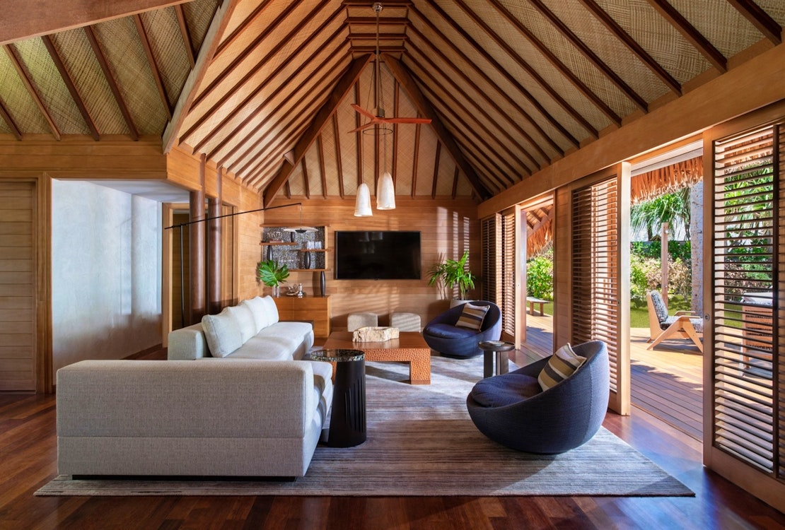 living room of a beachfront villa estate at four seasons bora bora resort french polynesia 