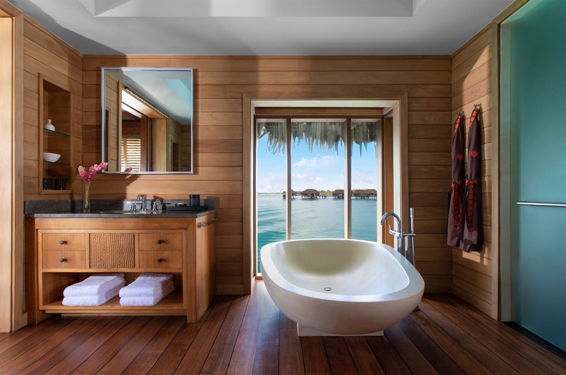 bathroom of overwater bungalow suite at four seasons bora bora resort french polynesia 