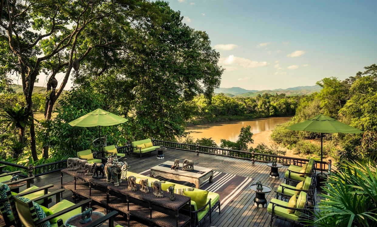 Dining overlooking the river, Four Seasons Tented Camp Golden Triangle, Thailand