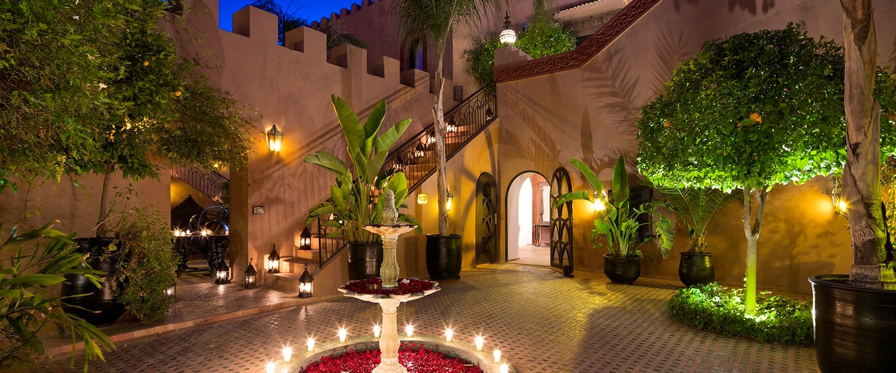 Interior Courtyard at Night at Kasbah Tamadot, Marrakech, Morocco