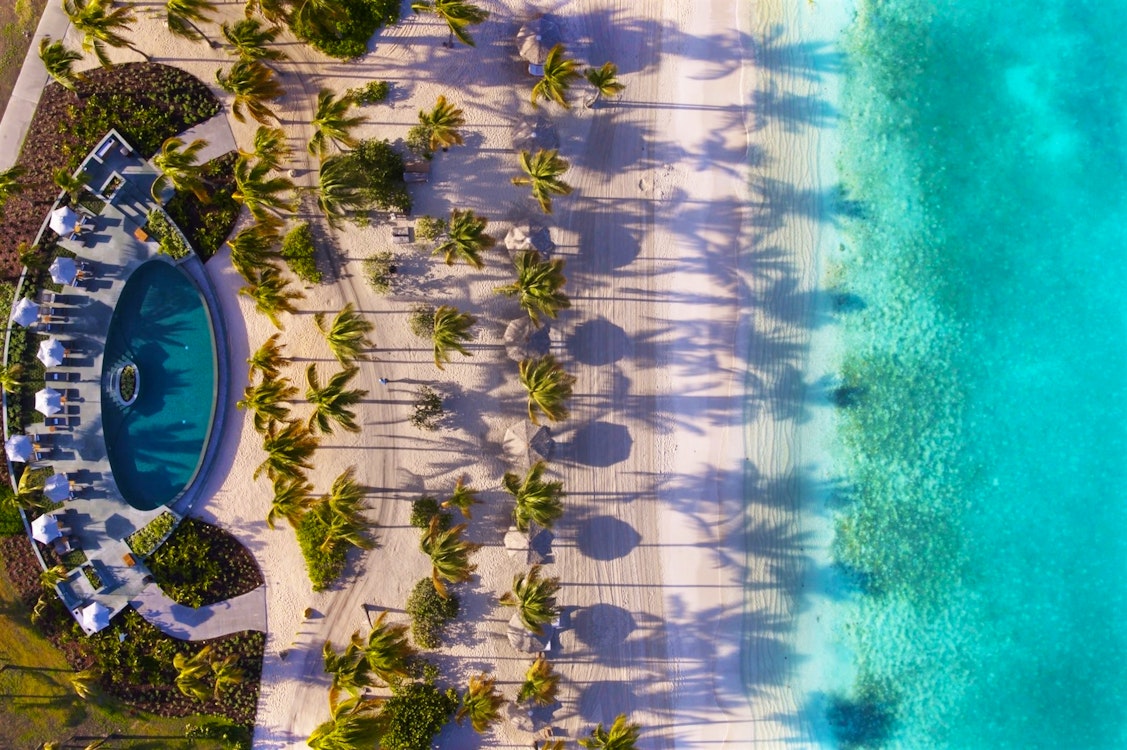 Birds eye view of Jumby Bay Island, Antigua, Caribbean