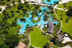 aerial view of pool and restaurant at como laucala island fiji