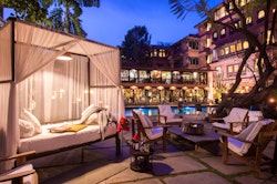 dining by the pool at dwarikas hotel