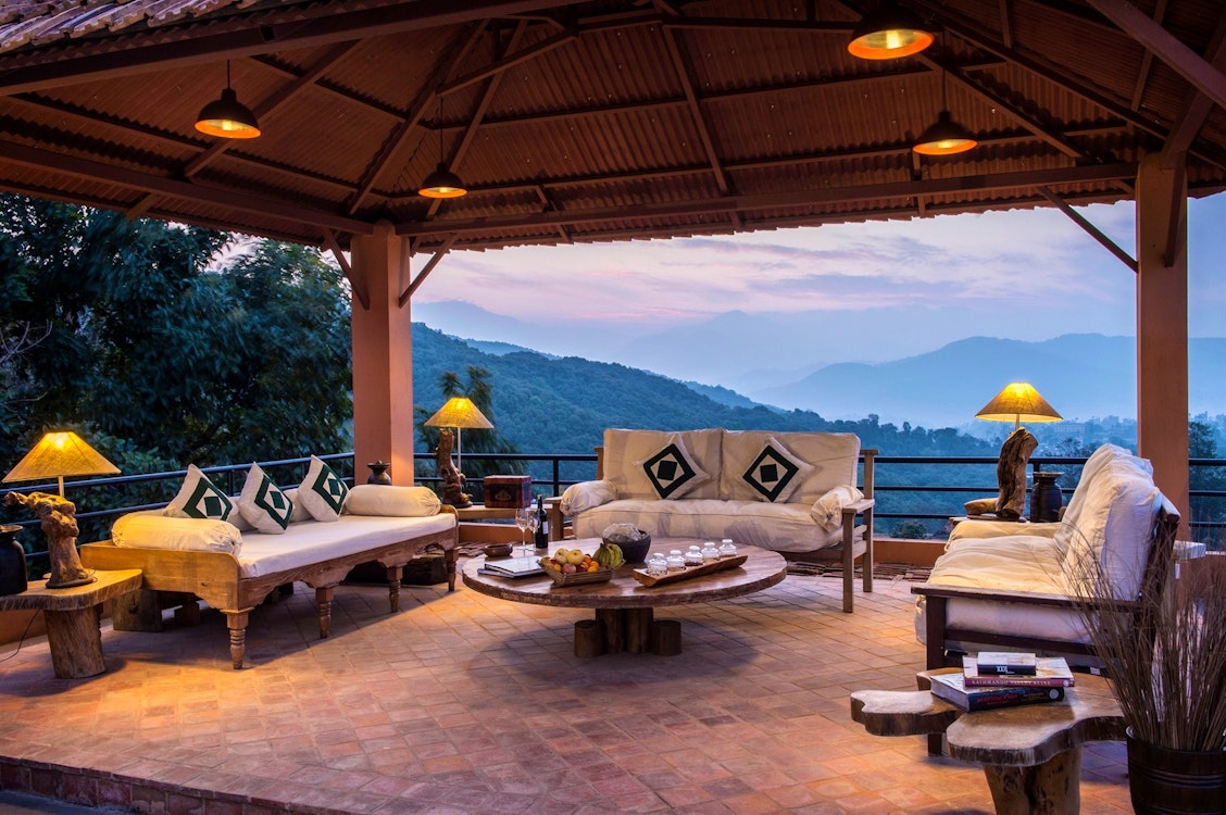 outdoor living space at dwarikas resort dhulikhel