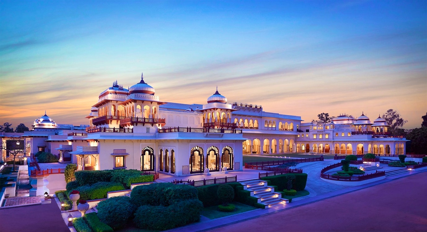 palace exterior at night rambagh palace jaipur
