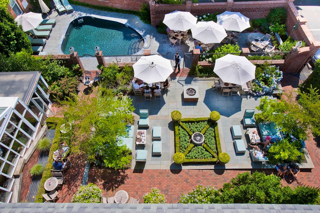 aerial garden and pool view at the vanderbilt auberge resorts collection