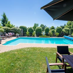 shaded pool view at Lime Tree Lodge Wanaka, South Island, New Zealand