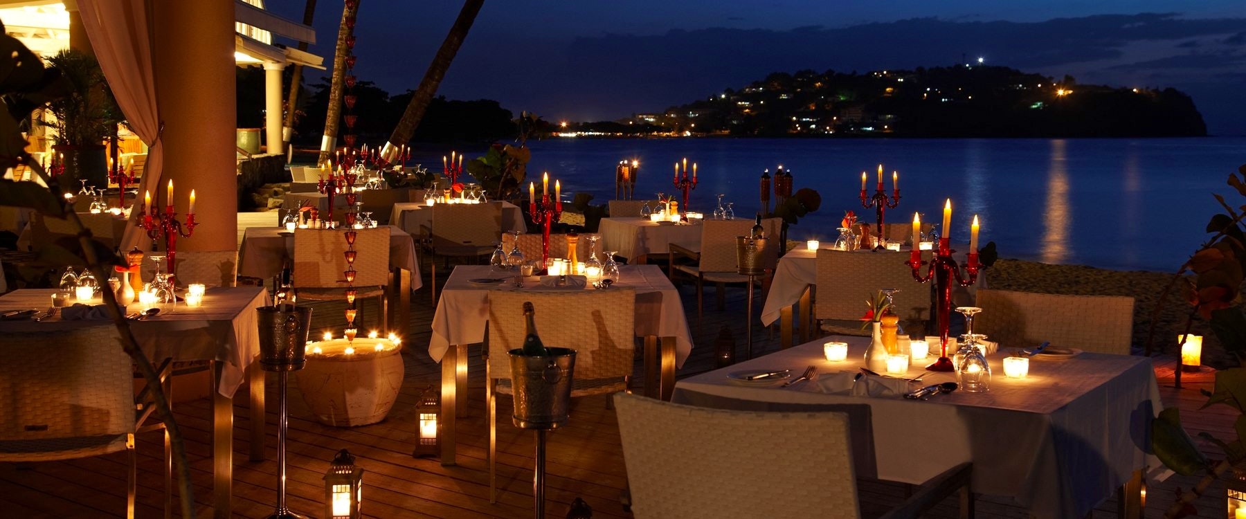 The Terrace Restaurant in the evening at Rendezvous, St Lucia 