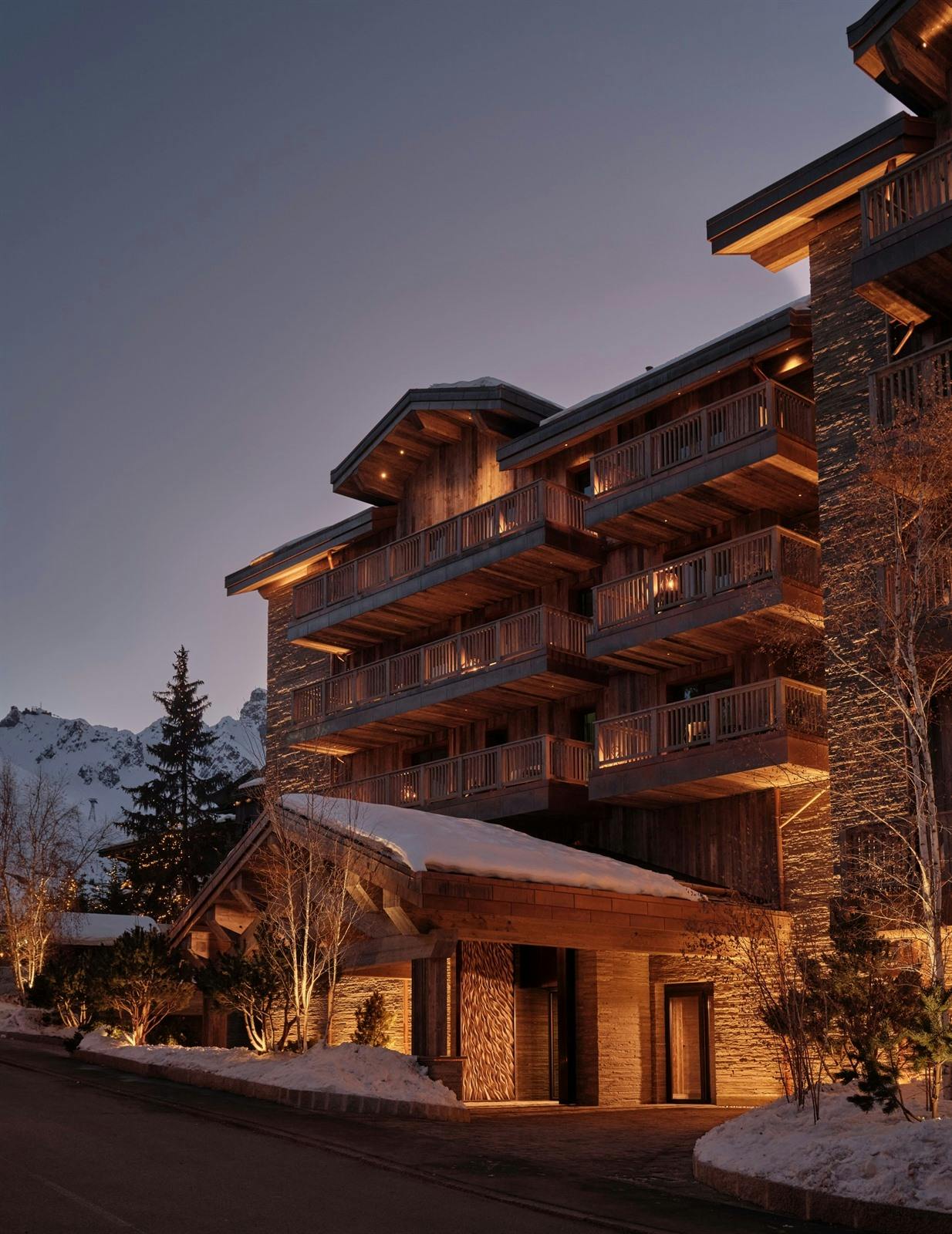 Rosewood Courchevel Le Jardin Alpin facade exterior at night