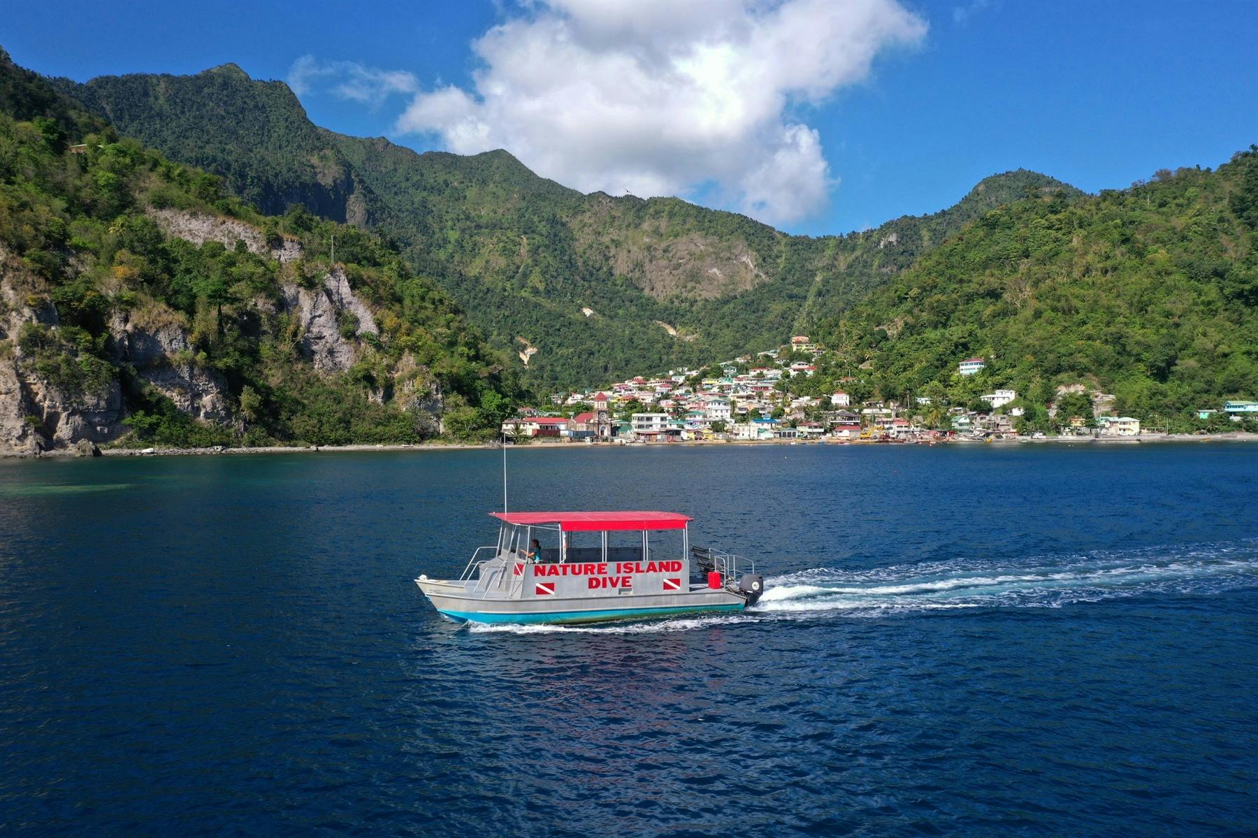 Dive Boat in Soufriere Bay, Jungle Bay, Dominica, Caribbean