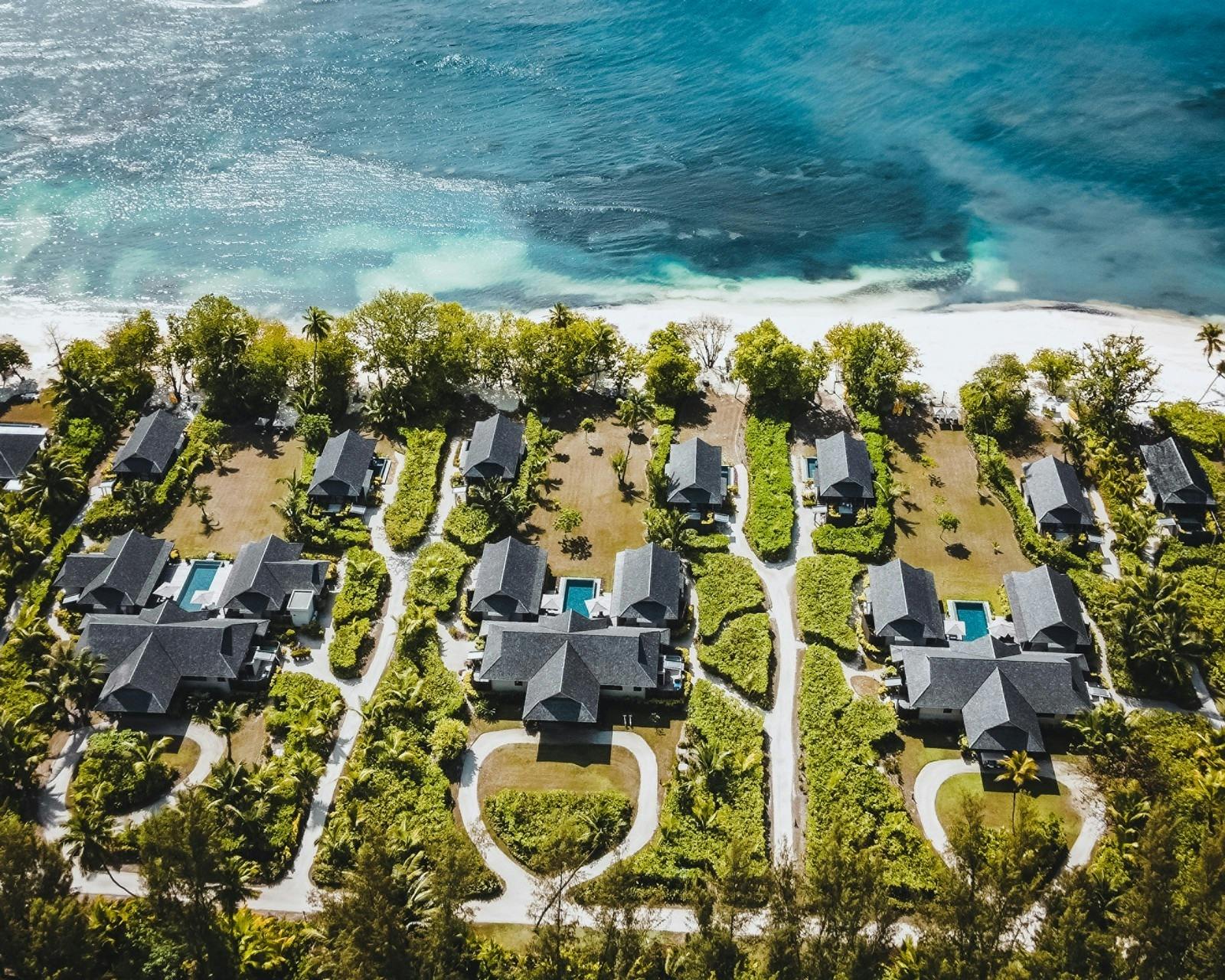Aerial of villas at Four Seasons Resort Seychelles at Desroches Island